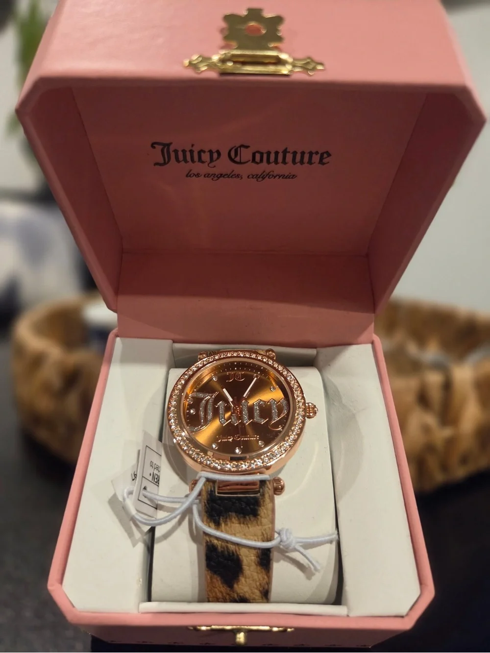 Juicy Couture Rose Gold Dial Crystal Bezel Watch with Leopard Strap